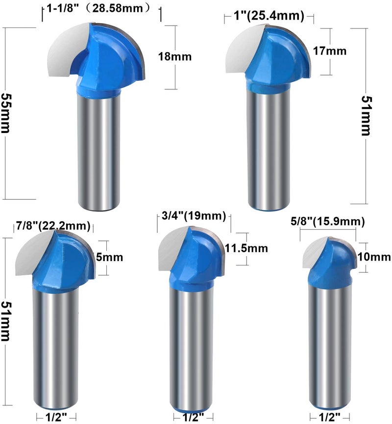 ROOCBIT Core Box Router Bit Set Double Flute Round Nose Router Bit Woodworking Tool Round Groove Router Bit 1/2 Inch Shank -( 5/8" 3/4" 7/8" 1" 1-1/8") 5PCS - Image 5